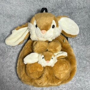 SKM Plush Rabbit Backpack Mom & Baby Bunny Brown Kids Bag Adjustable Straps